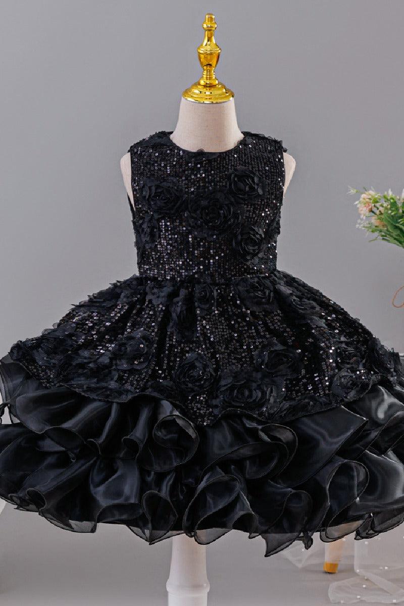 Sleeveless Round Neck Rosette Sequin Organza Flower Girl Dresses 1028863502898 - 7 Days / Black / 110cm - COCOMELODY