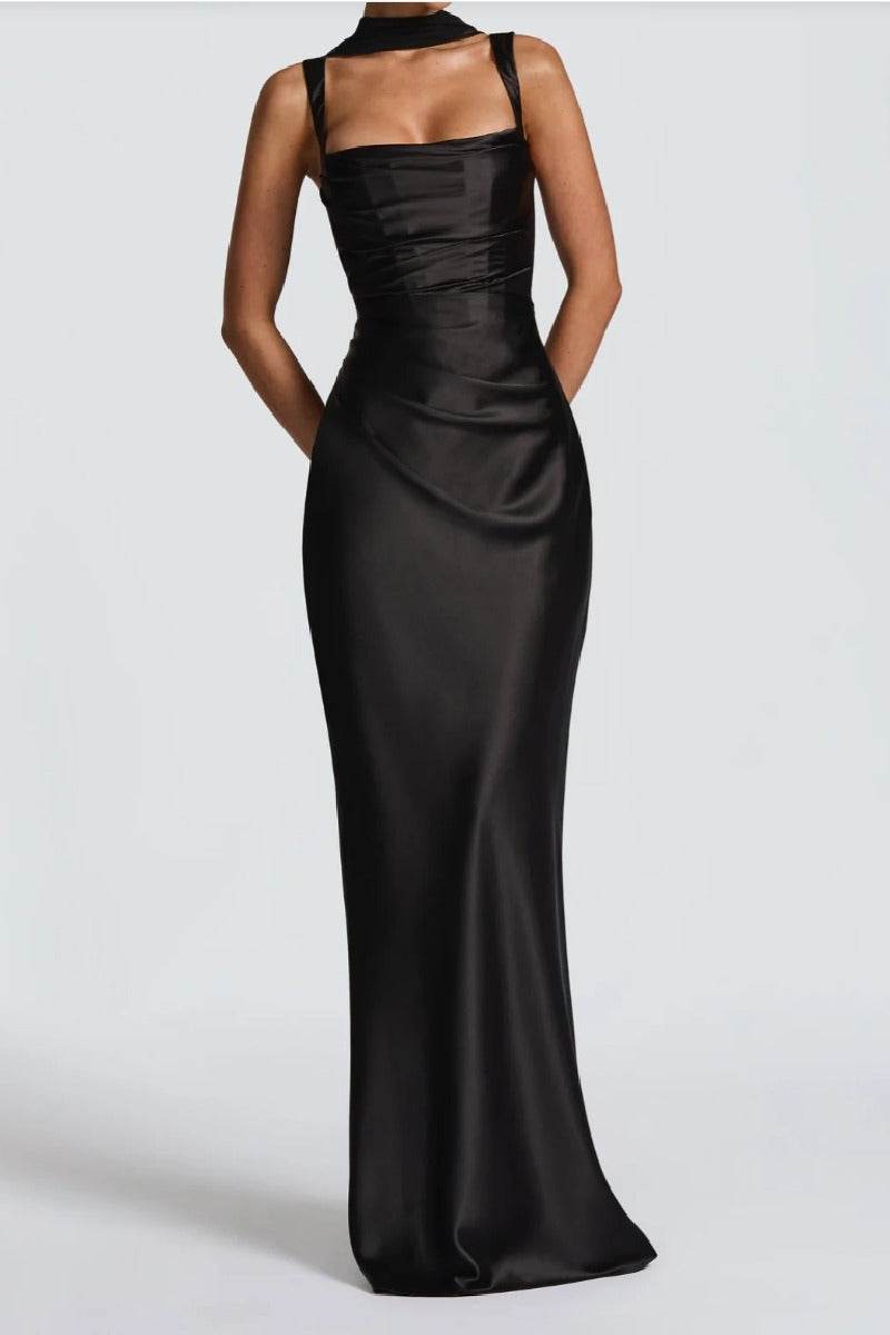 Sheath Maxi Satin Wedding Guest Dress Square Neck Ruched Elegant Evening Gown COCOMELODY 971343877638, Ivory