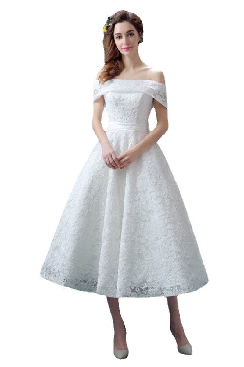 A-Line Tea Length Lace Wedding Dress 658269300525 - COCOMELODY