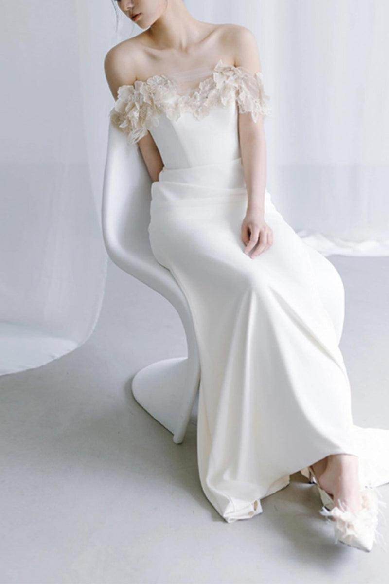Sheath-Column Sweep-Brush Train Satin Wedding Dress 820632172851 - COCOMELODY