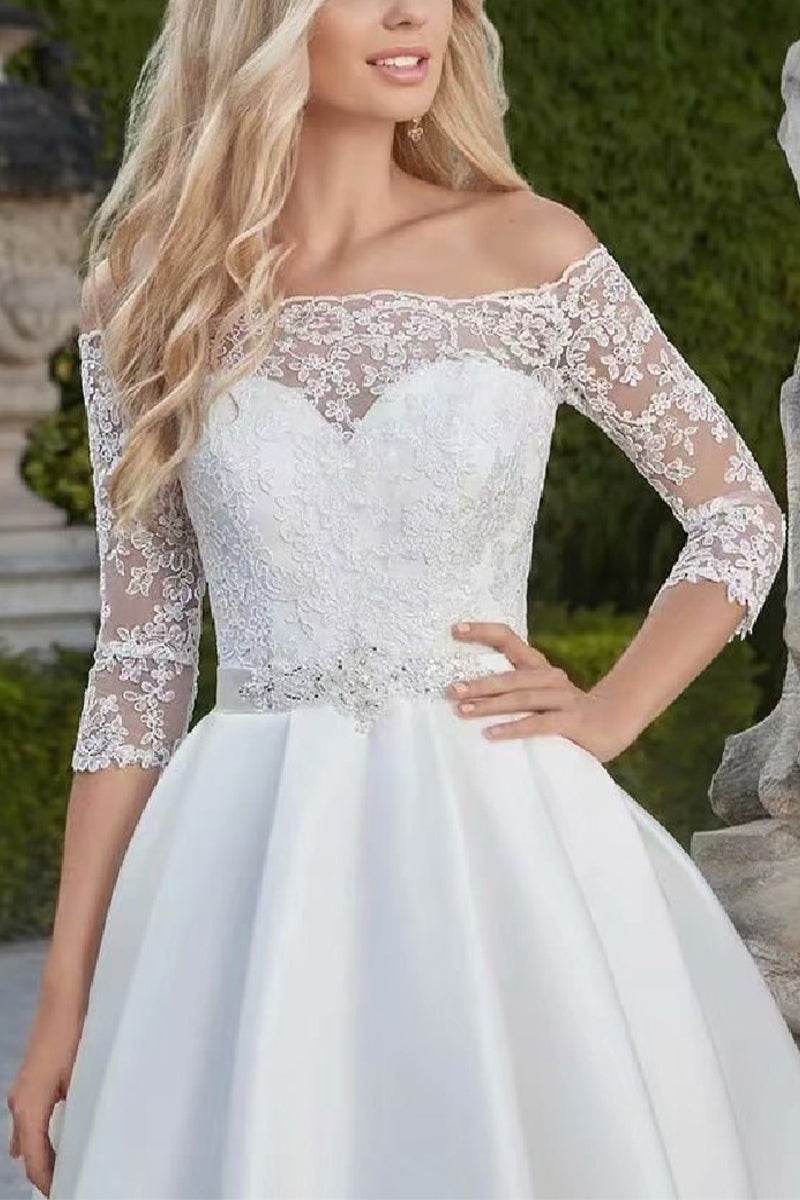 A-Line Knee Length Lace Satin Little White Dress 100055 - COCOMELODY