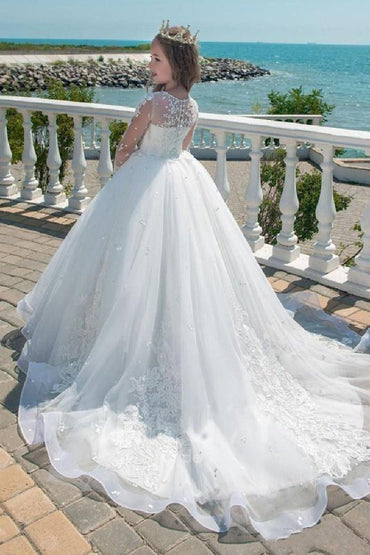 Ball Gown Illusion Lace Sleeves Tulle Sweep-Brush Train Flower Girl Dresses 618147584052 - 7 Days / Ivory / 2 - COCOMELODY