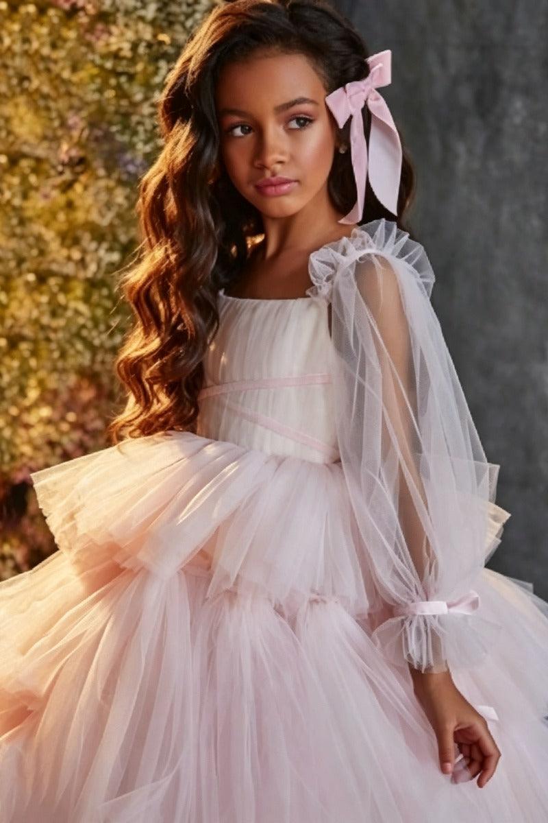 A-Line Long Sleeves Tiered Ruffled Tulle Flower Girl Dresses 688986387192 - 15 Days / Pink / 2 - COCOMELODY