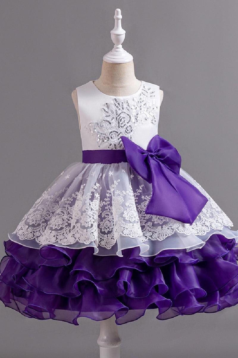 Sleeveless Round Neck Knee Length Tiered Ruffled Organza Lace Flower Girl Dresses 1030684537827 - 7 Days / Purple / 110cm - COCOMELODY