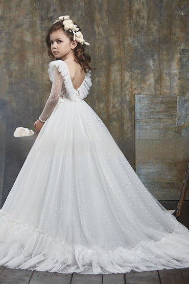 Dot Sheer Long Sleeve Sweep-Brush Train Tulle Flower Girl Dresses 631984909444 - 7 Days / White / 2 - COCOMELODY