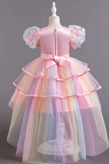 Princess Flower Puff Sleeve Pastel Rainbow High-Low Tulle Flower Girl Dresses 1030166757920 - 7 Days / Pink / 110cm - COCOMELODY