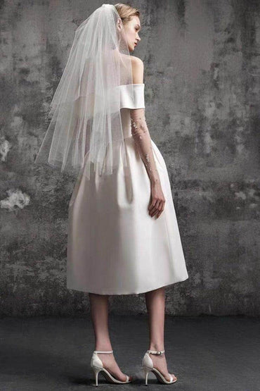A-Line Tea Length Satin Wedding Dress 796475057645 - COCOMELODY