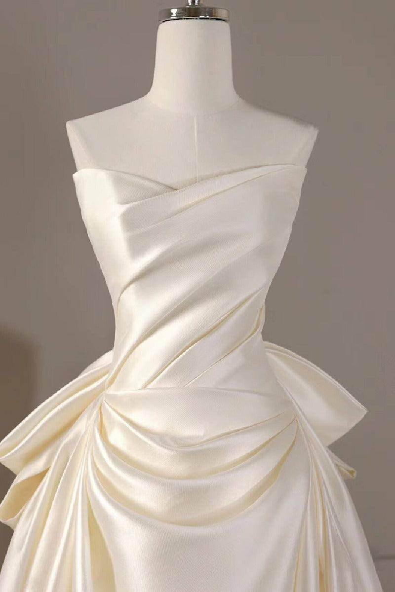 A-Line Sweep-Brush Train Satin Wedding Dress 814546469493 - COCOMELODY