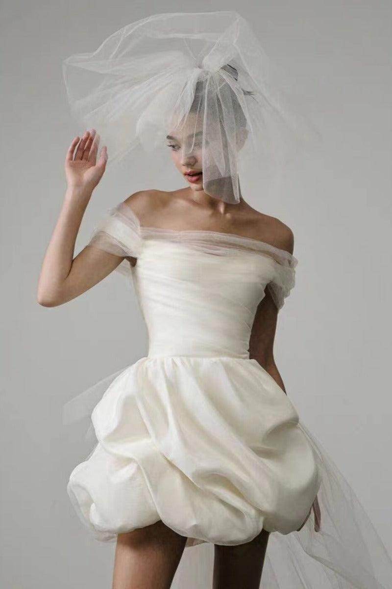 Ball Gown Short-Mini Satin Tulle Wedding Dress 771775523326 - COCOMELODY