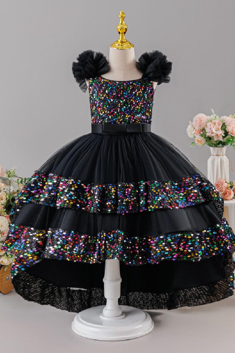 Ruffled Flutter Shoulder Sequin Ruffled Trim Bodice Tulle High-Low Flower Girl Dresses 1029823265576 - 7 Days / Black / 110cm - COCOMELODY