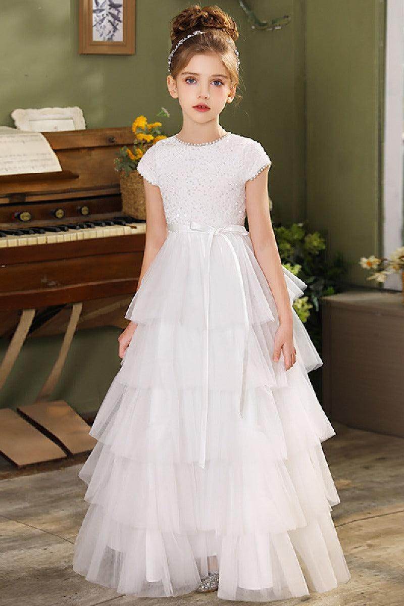 maxi white tulle flower girl dress A-Line Maxi Tulle with Appliques Flower Girl Dresses COCOMELODY CF0350