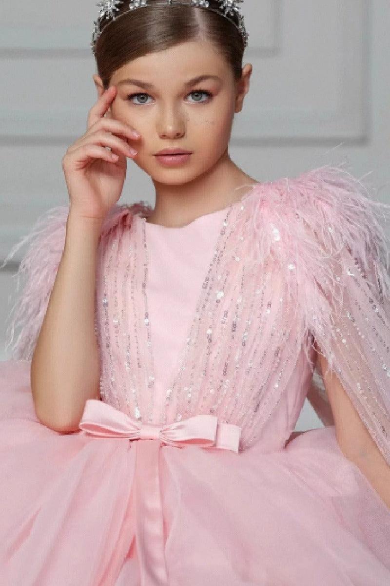 Ball Gown Feather Glitter Tulle Cape Tea Length Flower Girl Dresses 896082942099 - 7 Days / As Picture / 2 - COCOMELODY