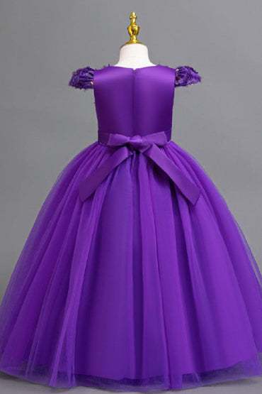 A-Line Cap Sleeve Floor Length Tulle Lace Flower Girl Dresses 1029258786044 - 7 Days / Purple / 110cm - COCOMELODY