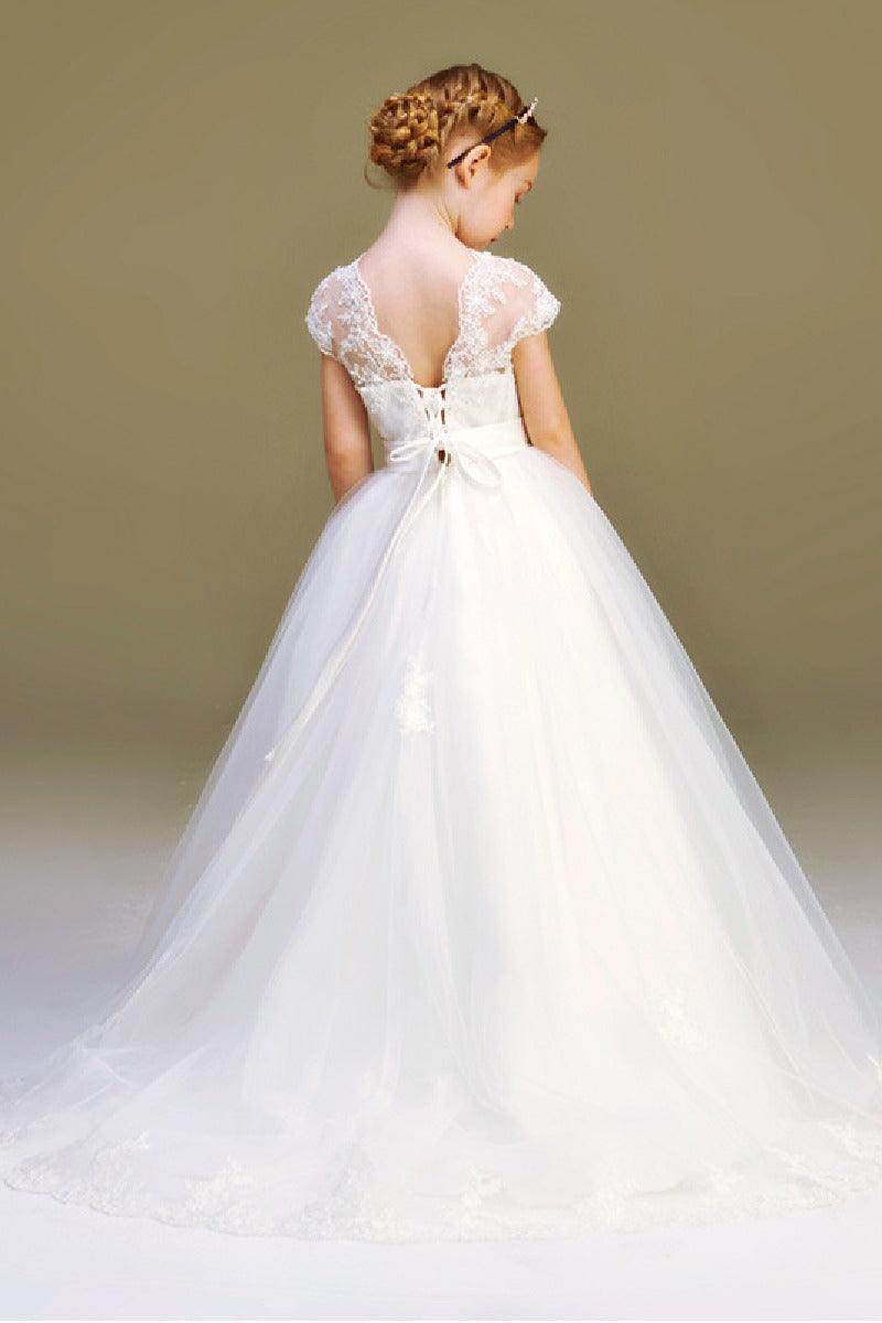 Ball-Gown Illusion Neck Princess Tulle Flower Girl Dresses With Appliques Lace 626723738802 - COCOMELODY