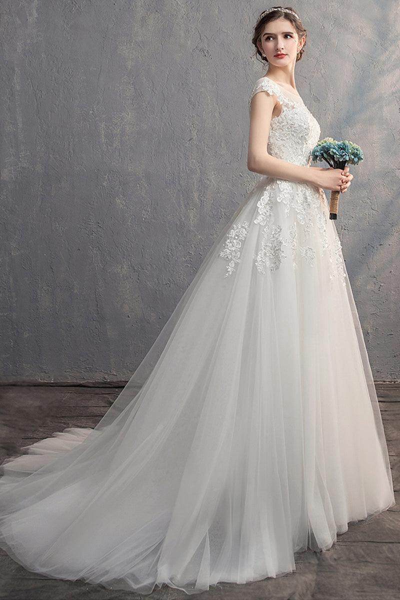 A-Line Sweep-Brush Train Lace Tulle Wedding Dress 774150163562 - COCOMELODY