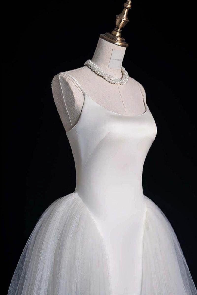 A-Line Sweep-Brush Train Satin Tulle Wedding Dress 735531201362 - COCOMELODY