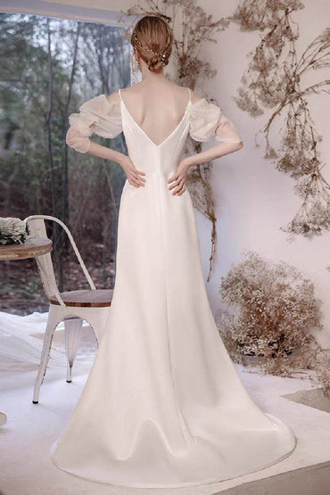 Sheath-Column Sweep-Brush Train Satin Wedding Dress 842075307132 - COCOMELODY