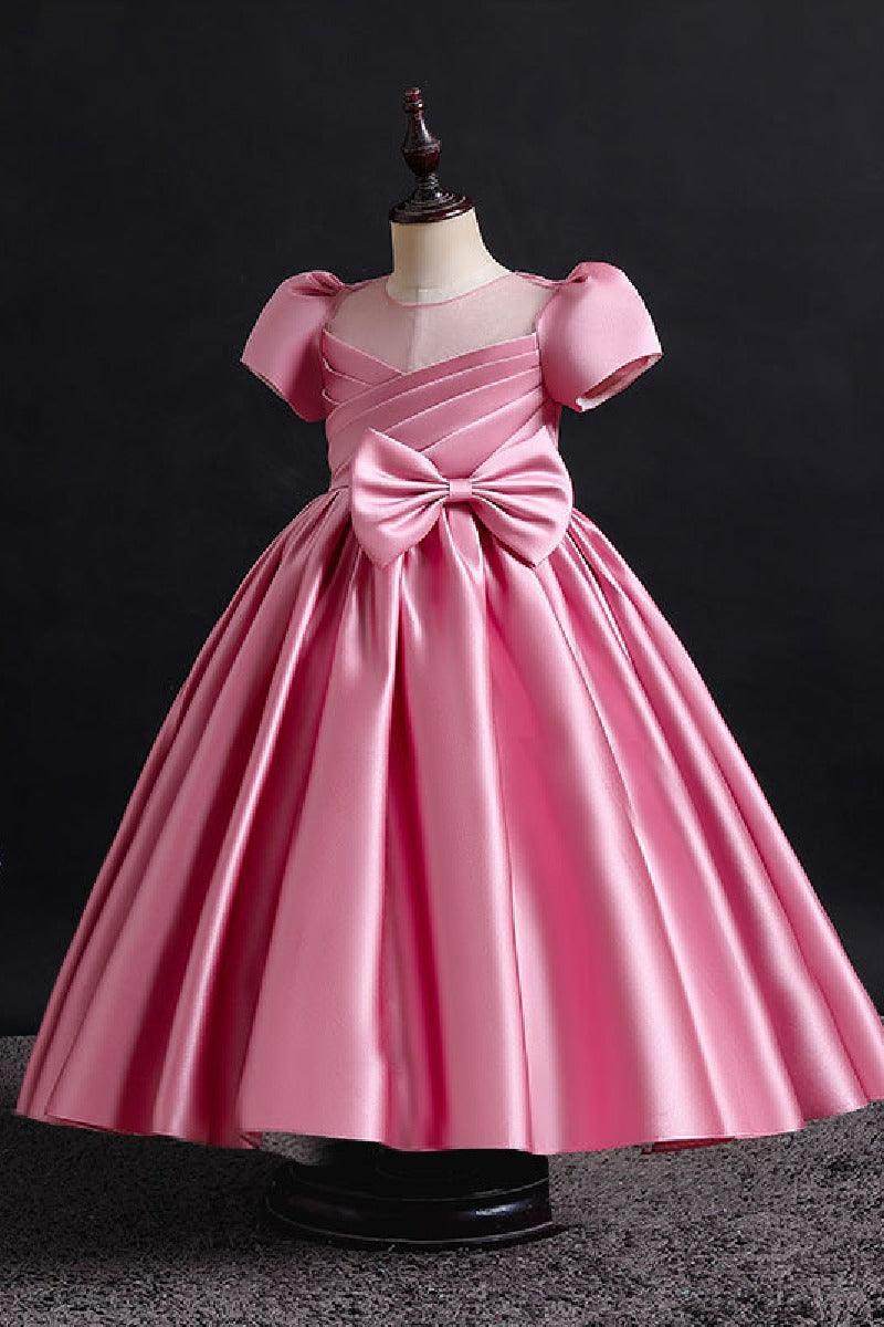 A-Line Illusion Neck Short Sleeves Satin Flower Girl Dresses With Bow(s) 669333816098 - COCOMELODY