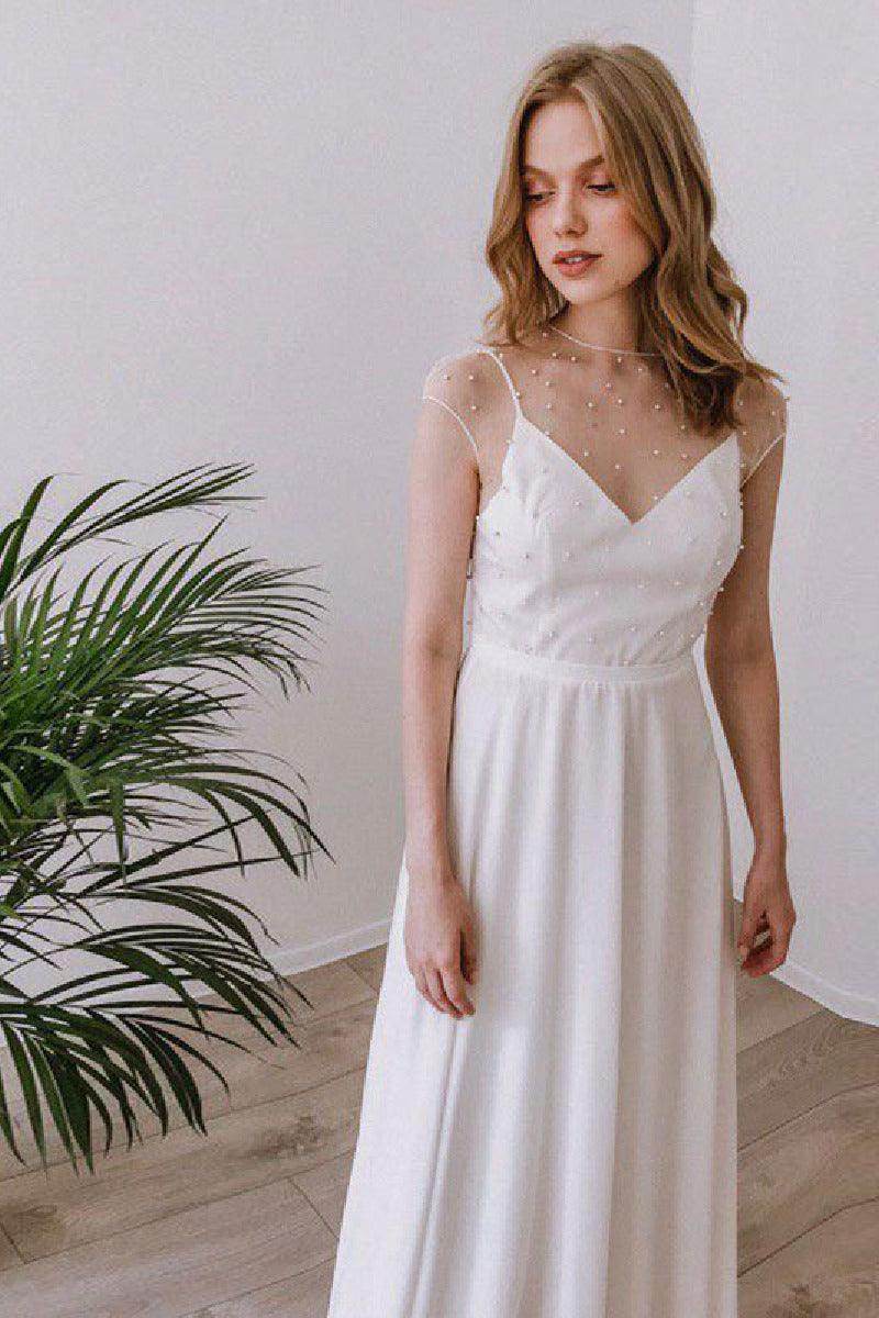 A-Line Sweep-Brush Train Chiffon Wedding Dress 650178936693 - COCOMELODY