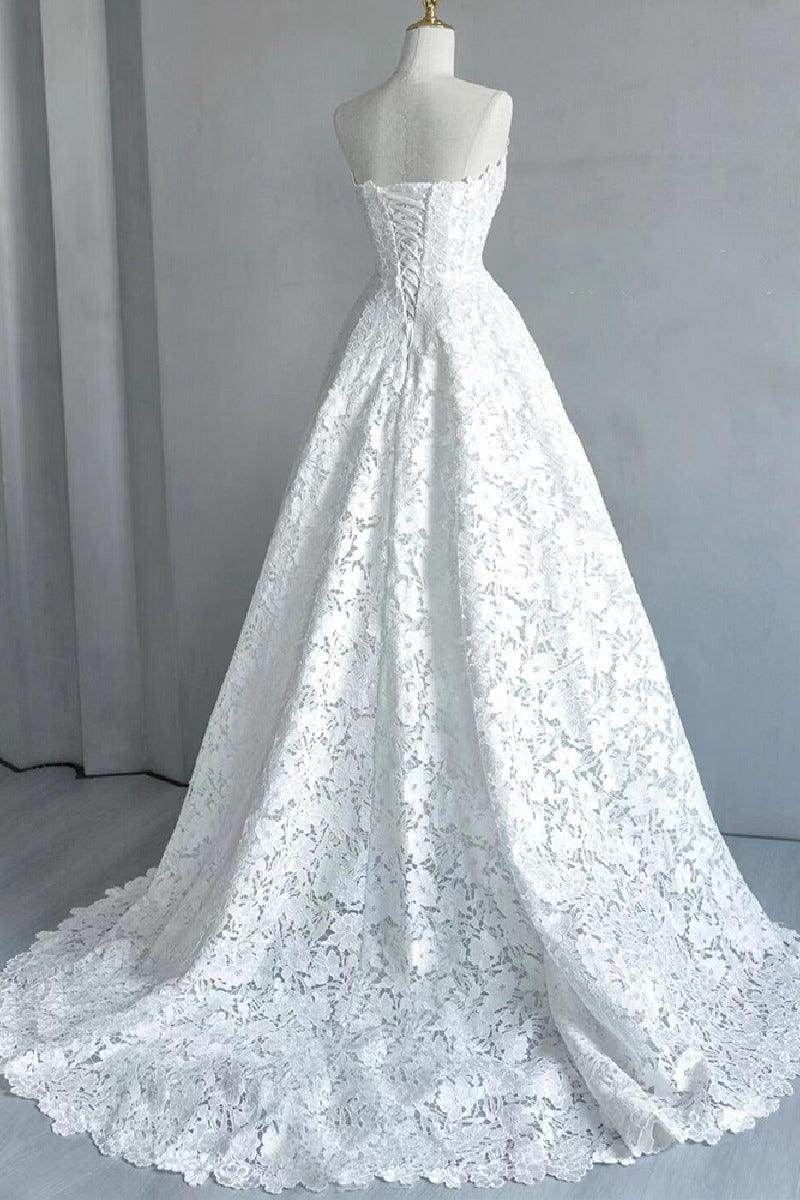 A-Line Sweep-Brush Train Lace Wedding Dress 828423890551 - COCOMELODY