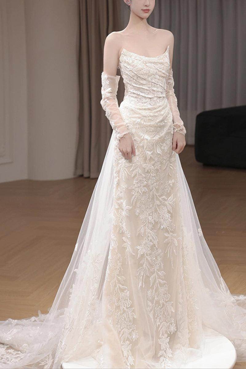 Sheath-Column Sweep-Brush Train Lace Tulle Wedding Dress 774886646233 - COCOMELODY