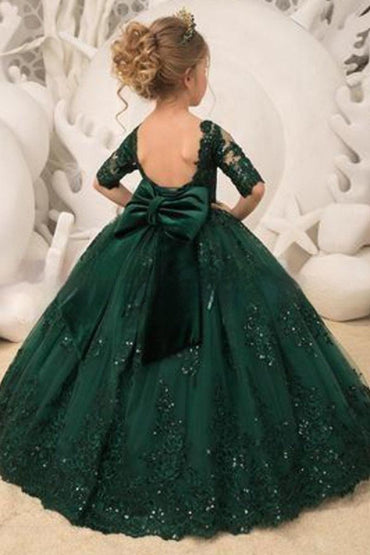 A-Line Illusion Half Sleeve Floor Length Flower Girl Dresses 639993621131 - 10 Days / Emerald Green / 2 - COCOMELODY