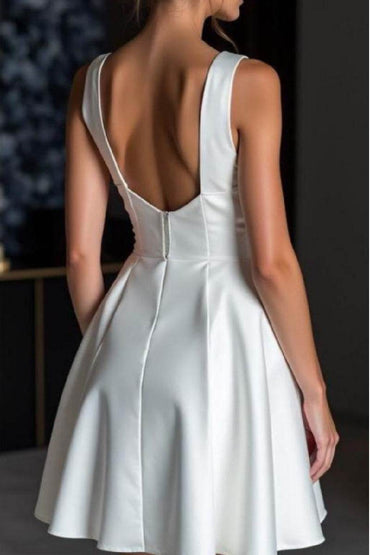 A-Line Mini Satin Little White Dress 4308365081 - COCOMELODY
