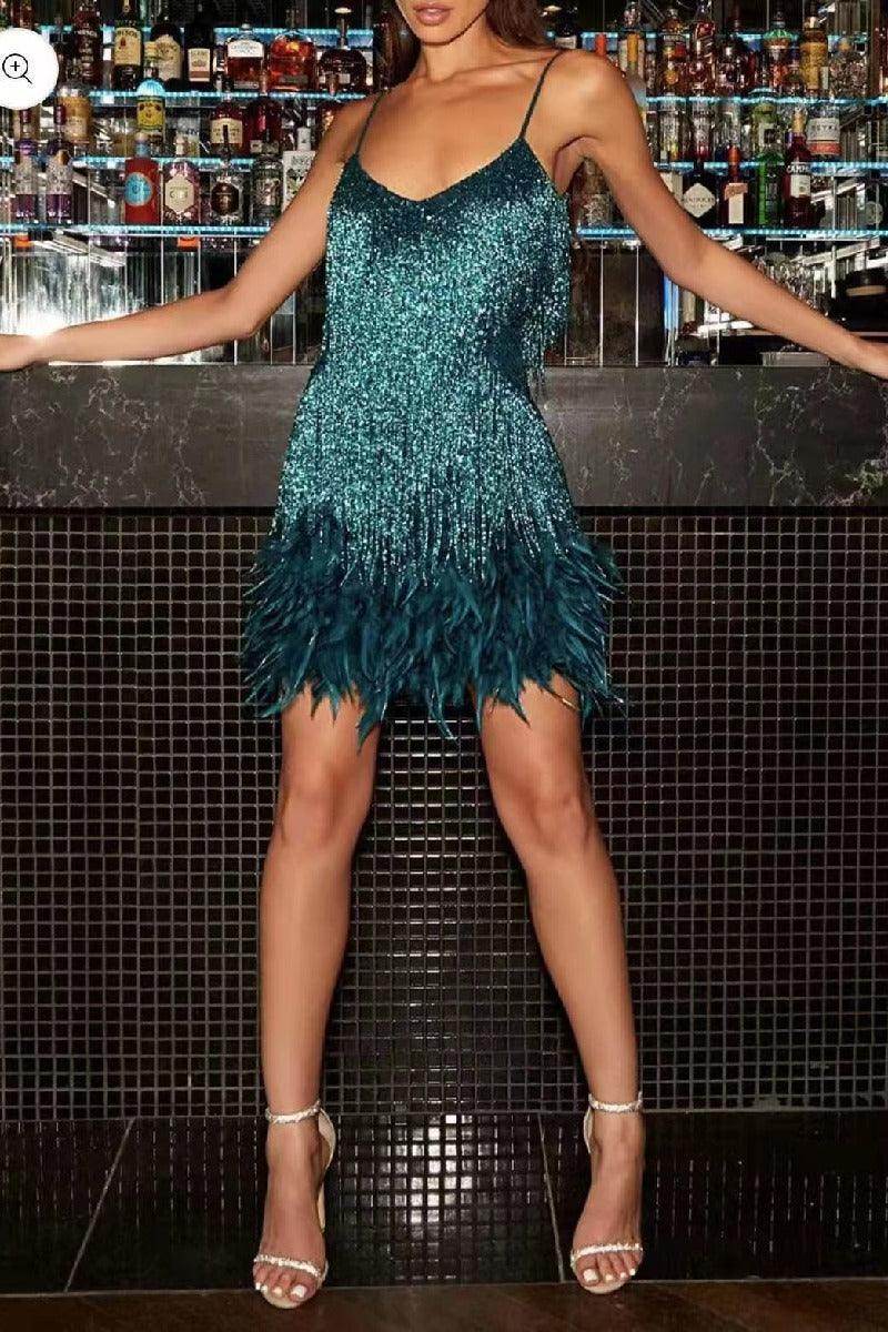 Fringed sequin sexy V-neck cocktail dress 715257715853 - COCOMELODY