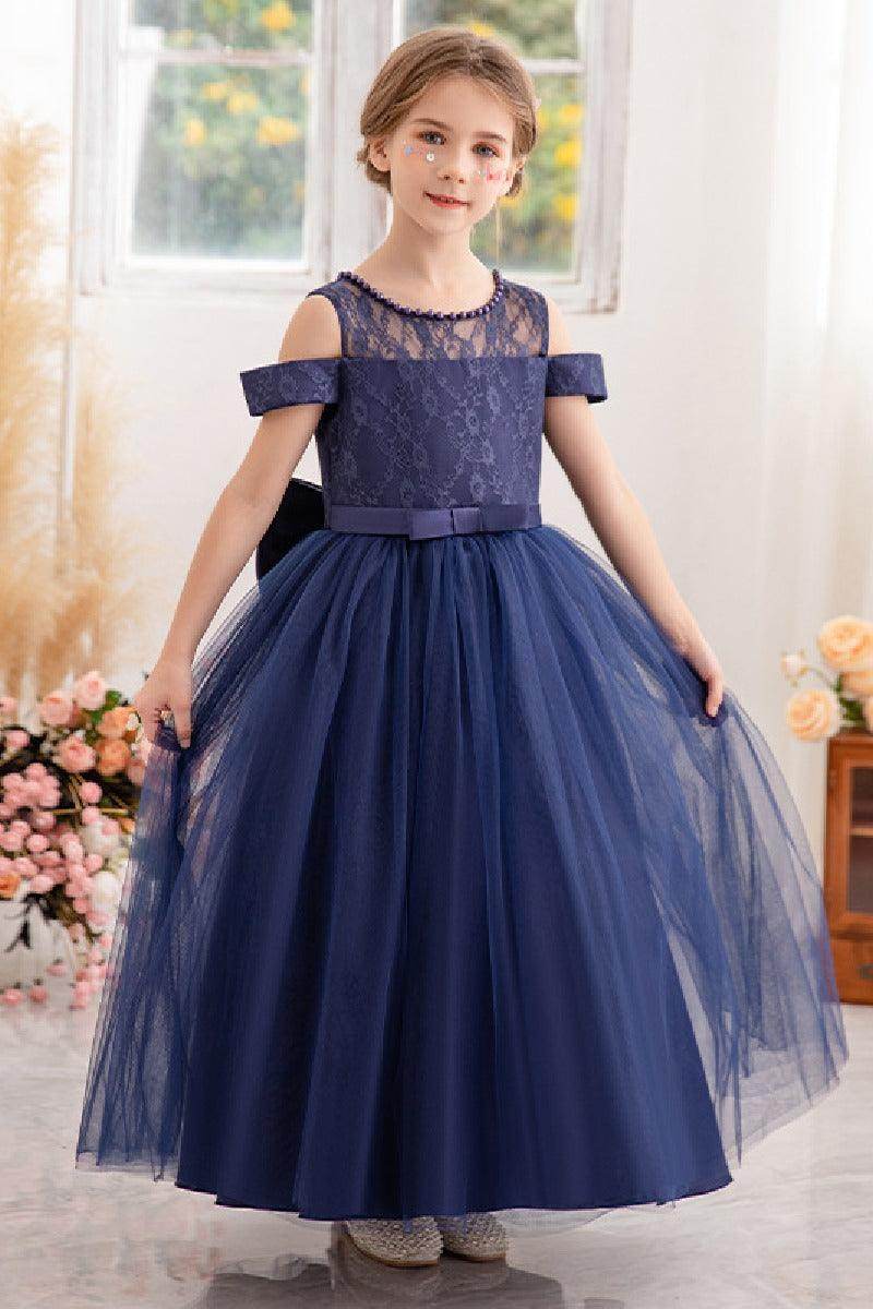 Ball-Gown/Princess Off the Shoulder Short Sleeves Tulle Floor-length Flower Girl Dresses With Lace 741957862179 - COCOMELODY