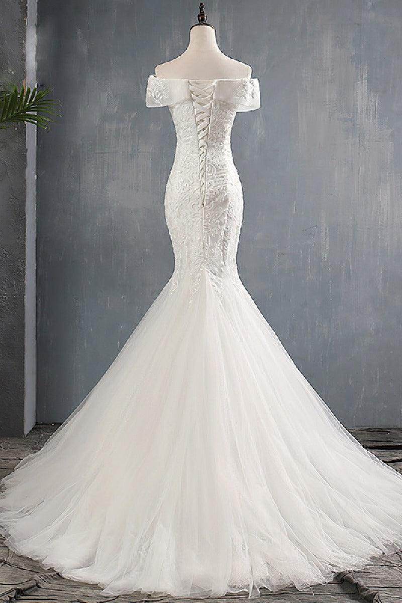 Trumpet-Mermaid Sweep-Brush Train Lace Tulle Wedding Dress 679380968083 - COCOMELODY