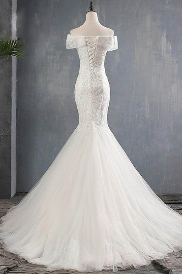 Trumpet-Mermaid Sweep-Brush Train Lace Tulle Wedding Dress 679380968083 - COCOMELODY