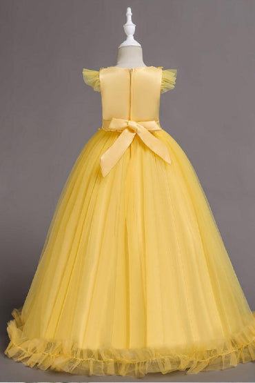 A-Line Cap Sleeve Lace Applique Tulle Floor Length Flower Girl Dresses 1031527052172 - 7 Days / Yellow / 120cm - COCOMELODY