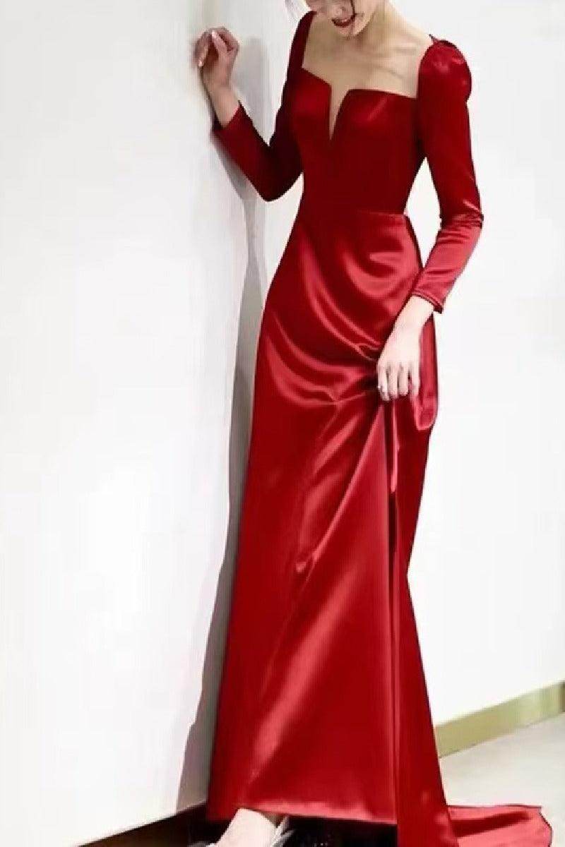 A-Line Sweep-Brush Train Satin Wedding Dress 684419472435 - COCOMELODY