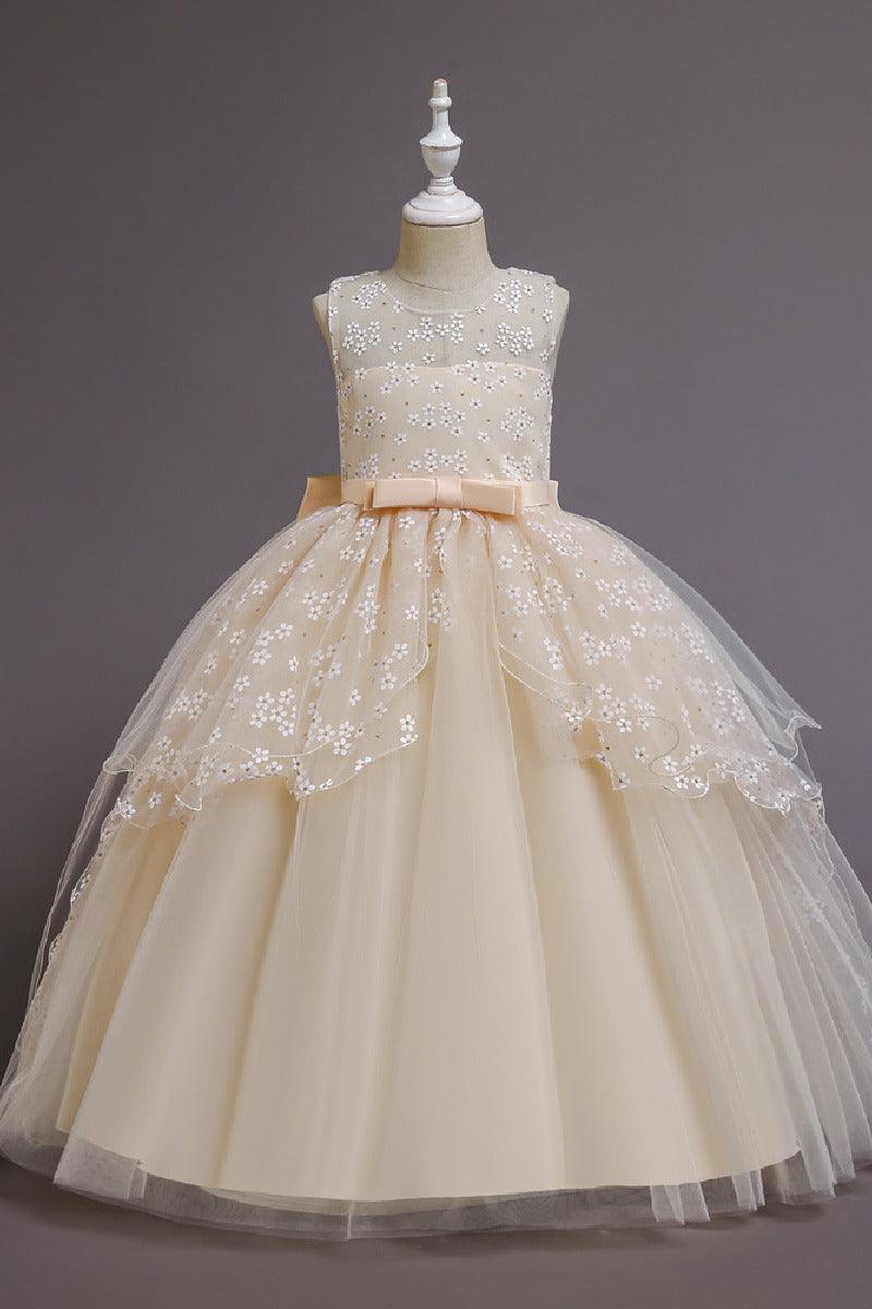 A-Line Illusion Neck Sleeveless Floor Length Tulle Flower Girl Dresses 1029774082419 - 7 Days / Champagne / 120cm - COCOMELODY