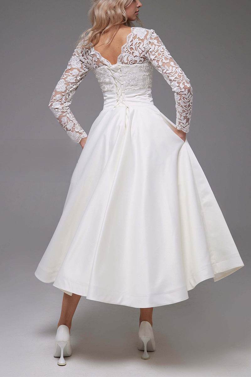 A-Line Tea Length Lace Satin Little White Dress 100017 - COCOMELODY