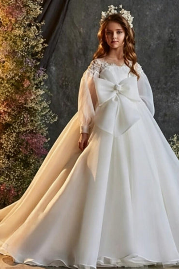 Illusion Organza Long Puff Sleeves Flower Girl Dresses 693938674311 - 15 Days / White / 2 - COCOMELODY