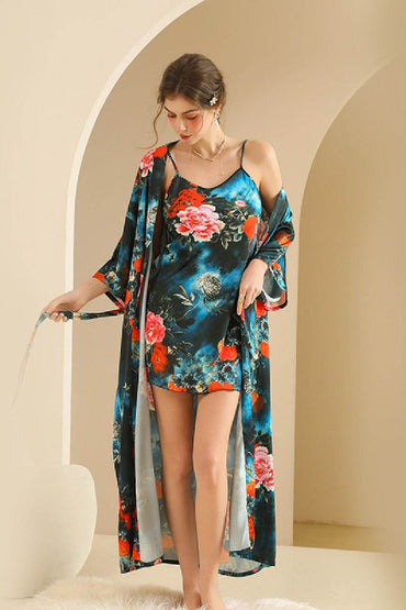 Hand-painted Floral Print Long Women's Robe-Set 902410930680 - COCOMELODY