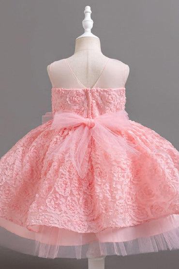 A-Line Illusion Neck Tulle Knee Length Flower Girl Dresses 1031516096156 - 7 Days / Pink / 100cm - COCOMELODY