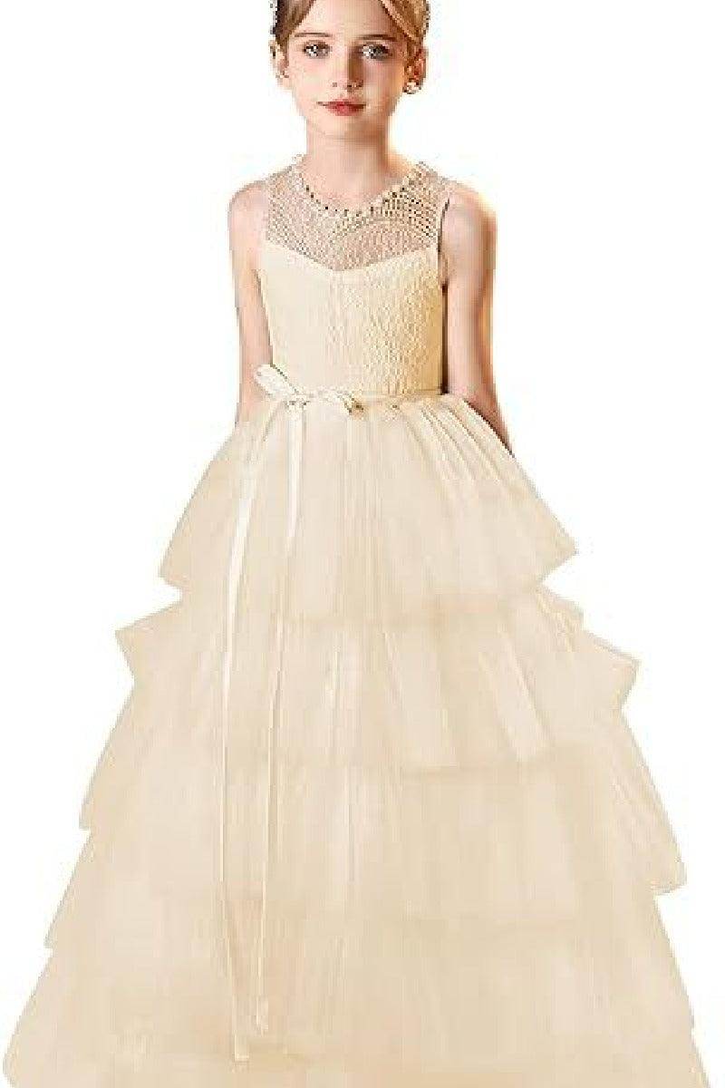 A-Line Scoop Neck Lace/Tulle Flower Girl Dresses With Cascading Ruffles 809160851086 - COCOMELODY