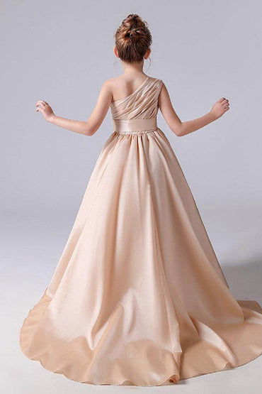 A-Line One Shoulder Neck Sleeveless Sweep-Brush Train Satin Flower Girl Dresses 676333790144 - COCOMELODY