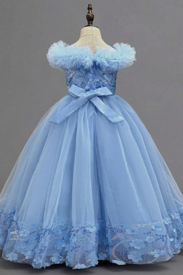 A-Line Off The Shoulder Sleeves Floor Length Tulle Flower Girl Dresses 1050836973299 - 7 Days / Burgundy / 110cm - COCOMELODY
