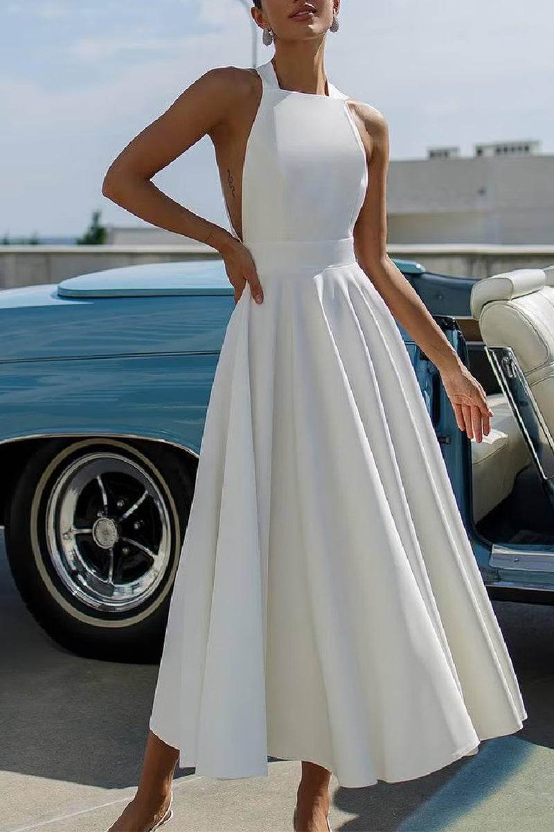 A-Line Tea Length Elastic Cloth Little White Dress 100006 - COCOMELODY