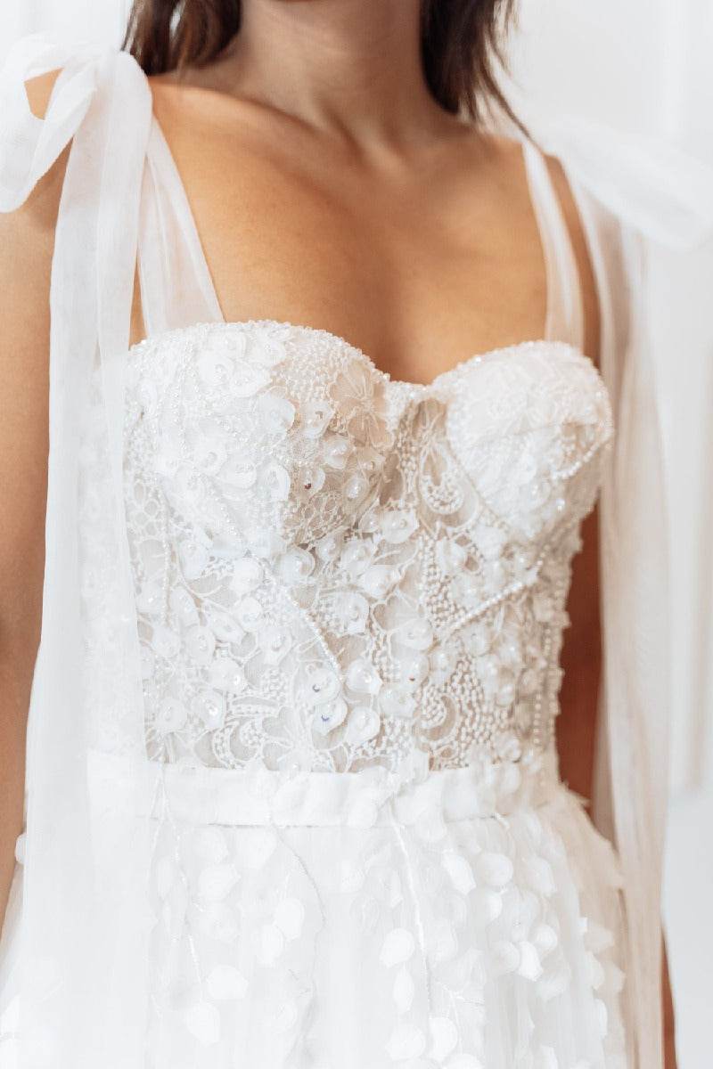 A-Line Ankle Length Lace Tulle Little White Dress 100007 - COCOMELODY