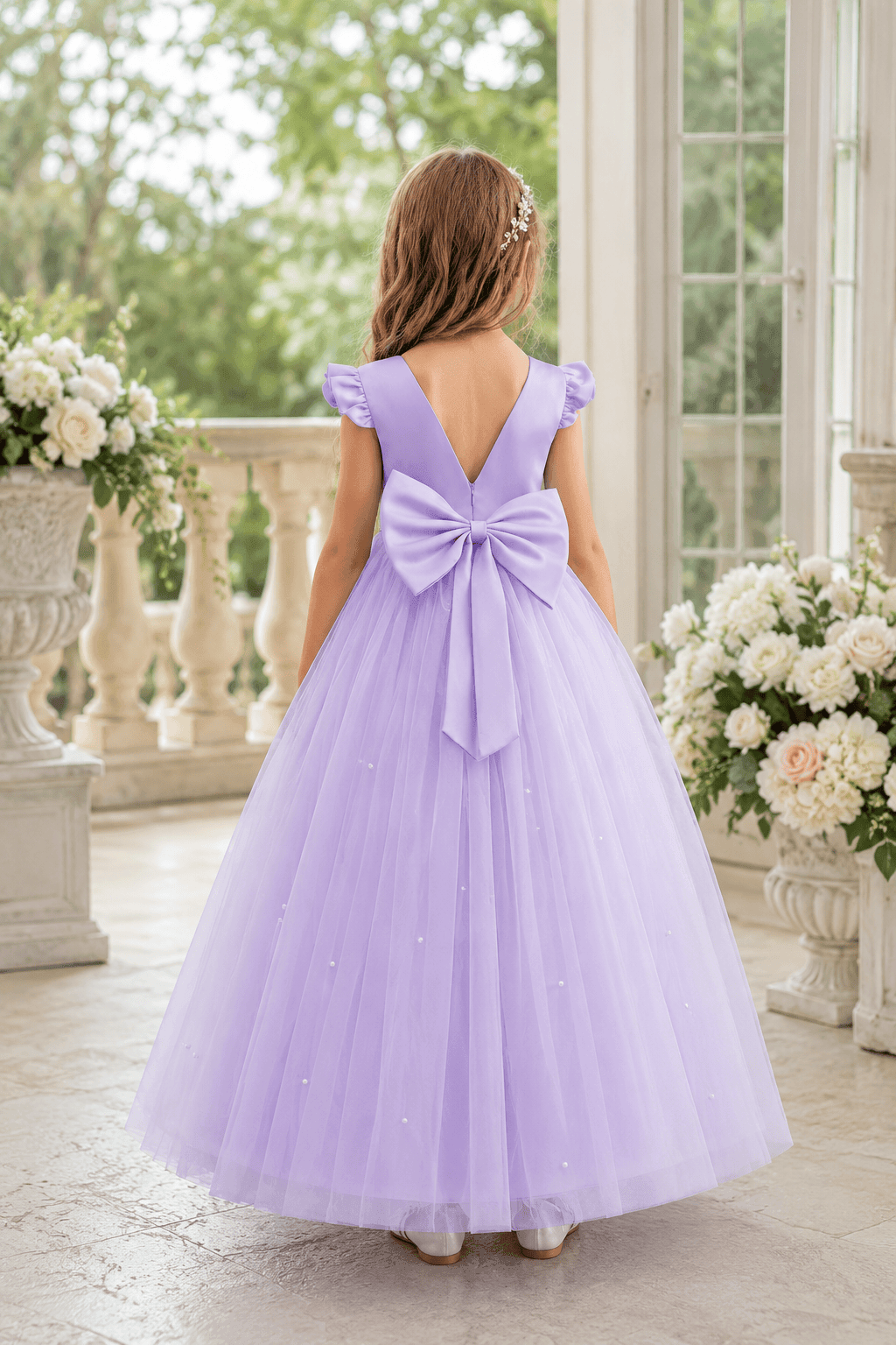 Romantic Tulle with Bow Back Pearl Accents Flower Girl Dresses 1029322248393 - 7 Days / Light Purple / 100cm - COCOMELODY