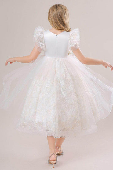A-Line Illusion Neck Short Sleeves Midi Lace Flower Girl Dresses 749518906079 - COCOMELODY