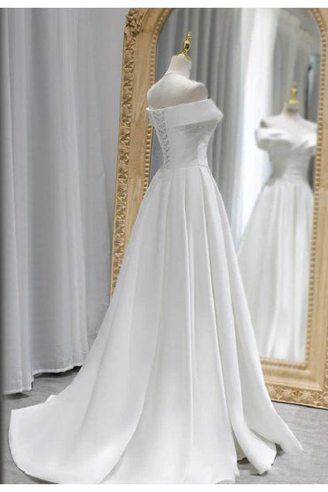A-Line Sweep-Brush Train Satin Wedding Dress 657200409206 - COCOMELODY