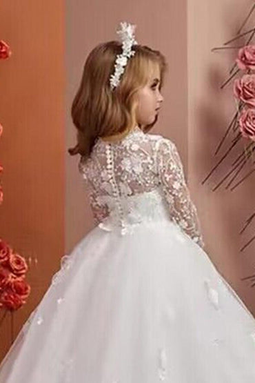 Ball Gown Illusion Round Neck Tulle Sweep-Brush Train Flower Girl Dresses 771181198778 - 7 Days / Ivory / 2 - COCOMELODY