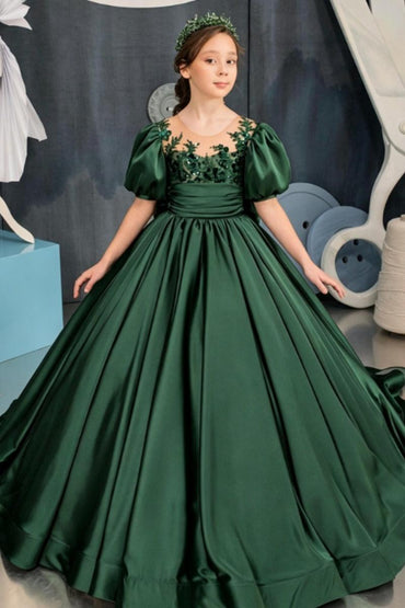 A-Line Illusion Neck Satin Puff Sleeve Flower Girl Dresses 699196034101 - 10 Days / Green / 2 - COCOMELODY