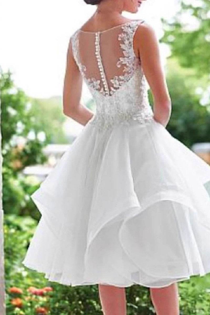 A-Line Midi Appliques Tulle Little White Dress 649961087264 - COCOMELODY