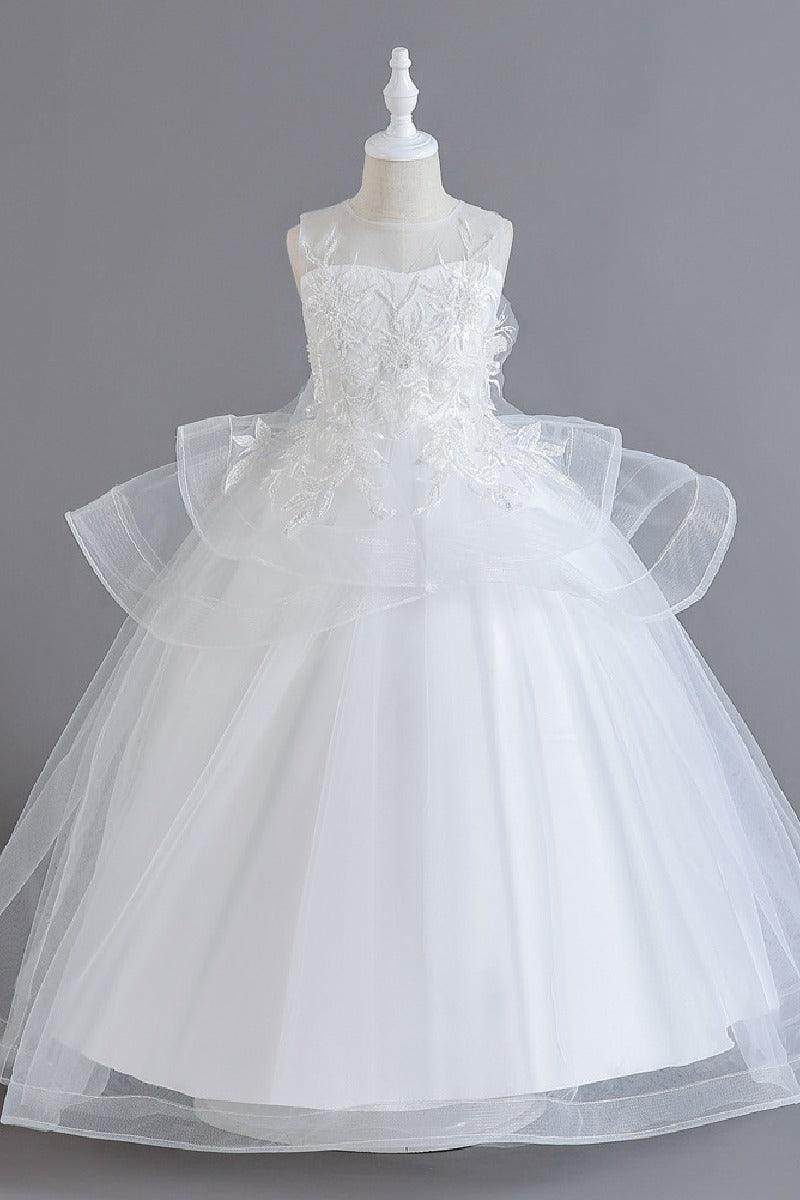 A-Line Illusion Neck Floor Length Tulle Organza Flower Girl Dresses 1062135888325 - 7 Days / White / 120cm - COCOMELODY